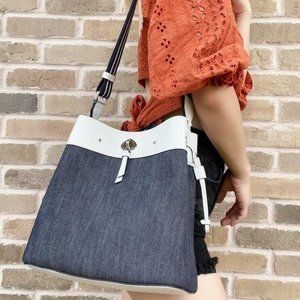 Kate Spade Marti Large Bucket Shoulder Bag Crossbody Denim White Dove Multi